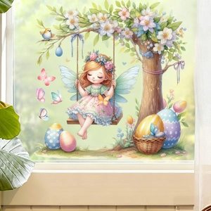 Easter window sticker with fairy on swing, spring flowers and colorful eggs design