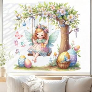 Detail of Easter window sticker featuring a fairy swinging under a tree with colorful eggs