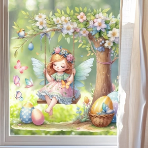 Easter window sticker with watercolor fairy girl on swing and colorful eggs