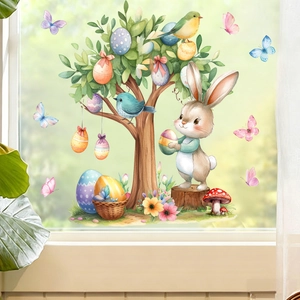 Oster-Fensteraufkleber mit Aquarell-Hase und Eierbaum auf hellem Glashintergrund
