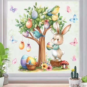 Detailierte Oster-Fensterbilder mit Hasen, bunten Eiern und Vögeln im Aquarell-Stil auf Glas