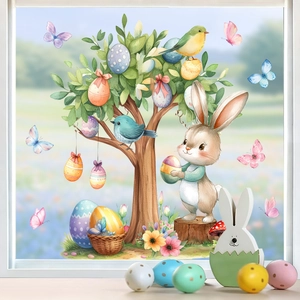 Oster-Fensterbilder mit Aquarell-Hase und Eierbaum auf klarem Glas für die Dekoration