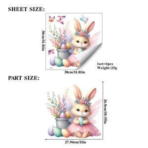 Easter static sticker dimension chart showing cute rabbit and flower pot decals