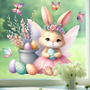 Easter electrostatic window stickers featuring a cute angel bunny with colorful eggs and butterflies