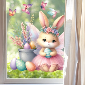 Easter static window clings featuring cute angel bunny with floral wreath and colorful eggs