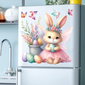 Detail of Easter static cling sticker featuring a cute bunny fairy on a kitchen fridge