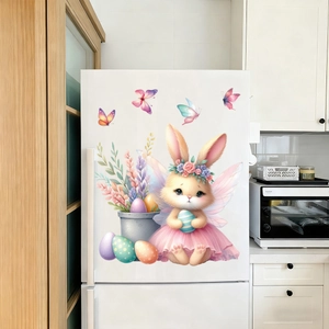 Easter bunny static sticker set with cute angel rabbit and colorful eggs on fridge