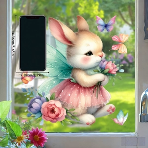 Detailed scale view of a cute Easter bunny window sticker with wings and colorful flowers