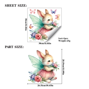 Detailed dimensions of Easter angel bunny static sticker showing sheet and pattern size