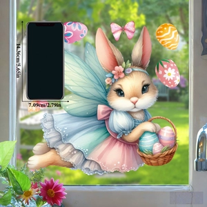 Detailed scale view of Easter bunny window sticker with angel wings and egg basket on glass
