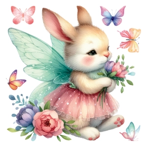 Easter bunny window cling with fairy wings holding flowers and colorful butterflies