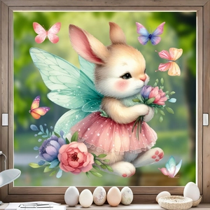 Easter bunny window sticker with wings and pink floral dress for home glass decor