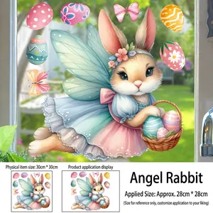 Easter bunny window cling with butterfly wings and colorful eggs in watercolor style