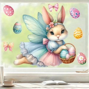 Easter window sticker featuring watercolor bunny fairy with eggs and butterfly decor