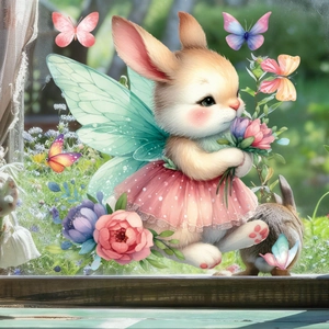 Detail of Easter static cling sticker featuring a fairy rabbit with wings and flowers