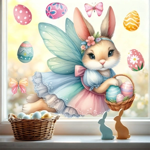 Easter window stickers with angel bunny and colorful eggs on glass for home decoration
