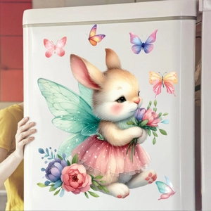 Detailed view of watercolor Easter rabbit sticker with butterfly decals on fridge surface