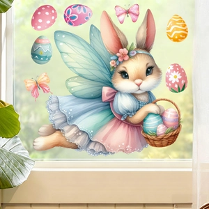 Detailed Easter window sticker featuring a rabbit fairy and colorful painted eggs