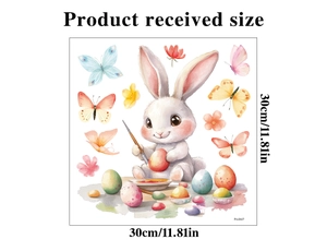 Detail of Easter static cling sticker showing a white rabbit painting eggs, 30cm x 30cm size