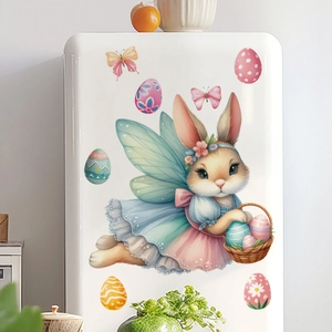 Detail of Easter angel bunny sticker with colorful eggs on white kitchen surface