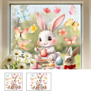 Detail of Easter window sticker showing hand-painted bunnies and colorful eggs 30x30cm