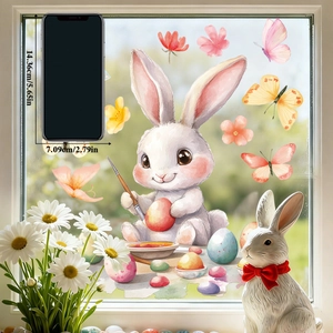 Detailed view of watercolor Easter bunny window sticker with egg painting design