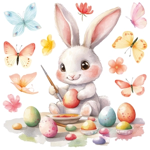 Watercolor Easter bunny static window sticker with colorful eggs and butterflies