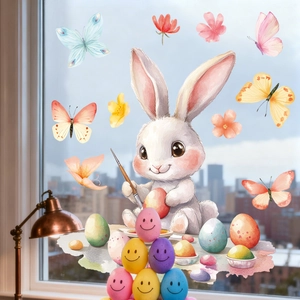 Easter Window Cling Static Sticker Watercolor Rabbit Painting Eggs Butterflies Flowers Home Glass Decor Hand Drawn Style