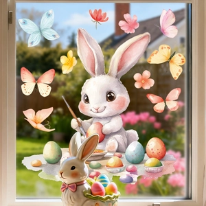 Easter bunny and colorful eggs static window stickers with watercolor cartoon flowers