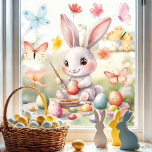 Easter window clings featuring watercolor rabbits, floral eggs and colorful butterflies