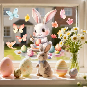 Easter window clings set with watercolor bunny painting eggs and colorful butterflies