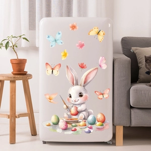 Detailed watercolor bunny painting Easter eggs static window sticker on white fridge surface
