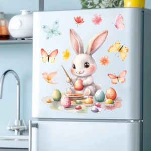 Detailed watercolor Easter static window stickers with cartoon bunny painting colorful eggs