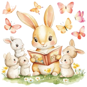 Watercolor bunny wall stickers showing a mother rabbit reading to little bunnies