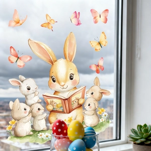 Watercolor Easter bunny window decals with cute rabbits and colorful butterflies for glass