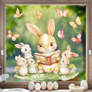 Easter bunny window stickers featuring watercolor rabbit family reading for glass decor