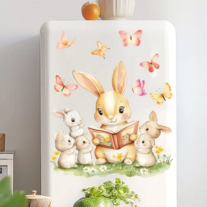 Scene showing watercolor bunny and butterfly stickers on a white refrigerator surface