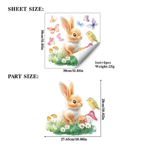 Detailed dimension guide for Easter bunny wall decal featuring rabbit, bird and flowers
