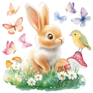 Easter static glass stickers featuring watercolor bunny, butterflies and mushrooms in nature