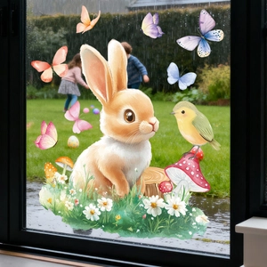 Easter static window clings featuring watercolor rabbit, butterfly and flower stickers