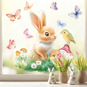 Detailed watercolor Easter static window clings featuring a cute bunny and floral garden
