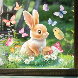 Easter bunny and floral static window clings set for seasonal glass decoration