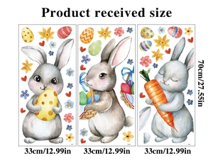 Set da 3 adesivi statici pasquali con conigli e uova ad acquerello, dim. 33x70 cm