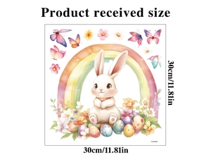 Détail du sticker lapin de Pâques avec arc-en-ciel montrant la taille de 30x30cm