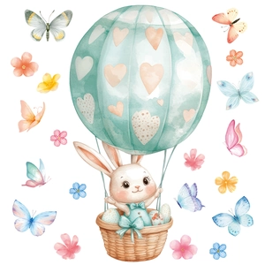 Lapin de Pâques en montgolfière verte avec des fleurs aquarelles et des papillons