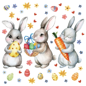 Adesivi per finestre pasquali con conigli acquerello, uova colorate e decorazioni floreali