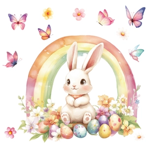 Stickers de fenêtre lapin de Pâques avec arc-en-ciel, œufs colorés et décor aquarelle
