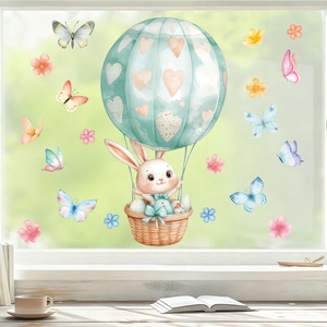 Stickers de Pâques lapin en montgolfière avec papillons et fleurs pour fenêtres