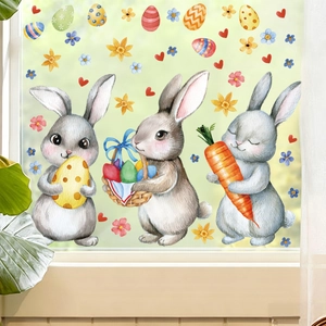 Adesivi per vetrate statici con coniglietti pasquali e uova colorate per decorazione