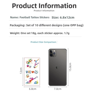 Detailed size comparison of 6.8x12cm football tattoo stickers next to a smartphone